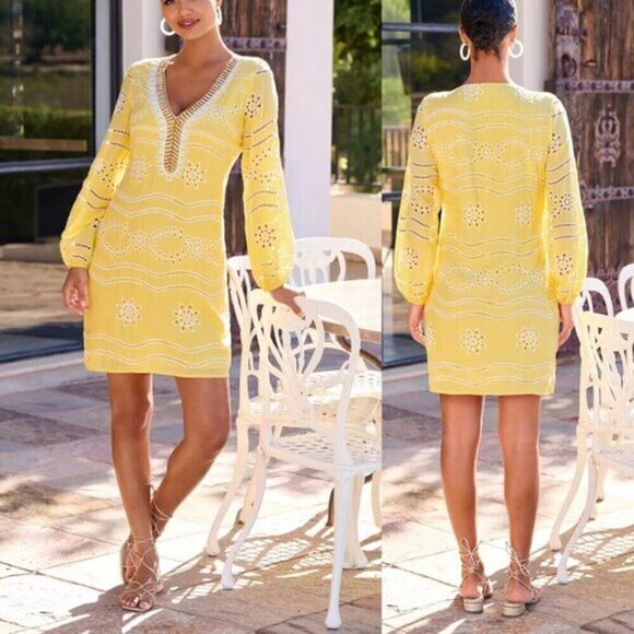 Boston Proper Embellished Beaded Crochet Lace Tunic Dress Yellow Sz Small NEW - Picture 2 of 11
